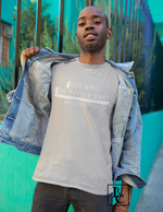 Gentleman popping collar of jean jacket wearing god wins shirt